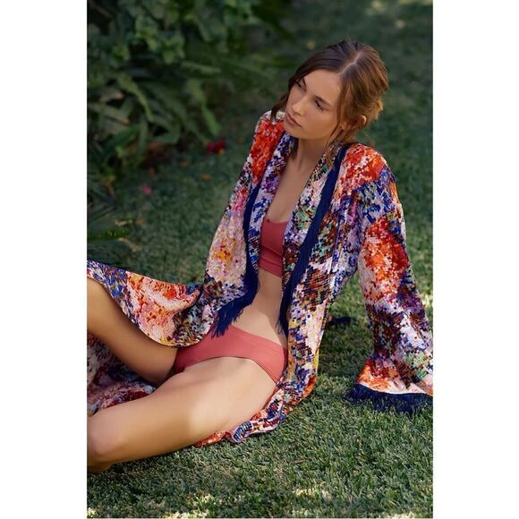 NEW Anthropologie Kirstin Lamb Painterly Fringed Wedding Open Front Robe Medium